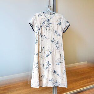 Beige Blue Flora Aodai Qipao Dress - Chinese Cheongsam
